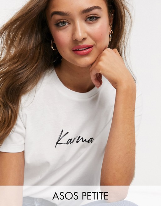 ASOS DESIGN Petite t-shirt with Karma print in organic cotton