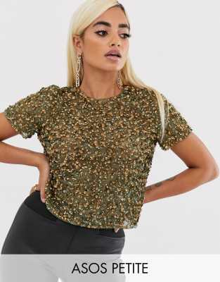 ASOS DESIGN Petite t-shirt with sequin embellishment-Green