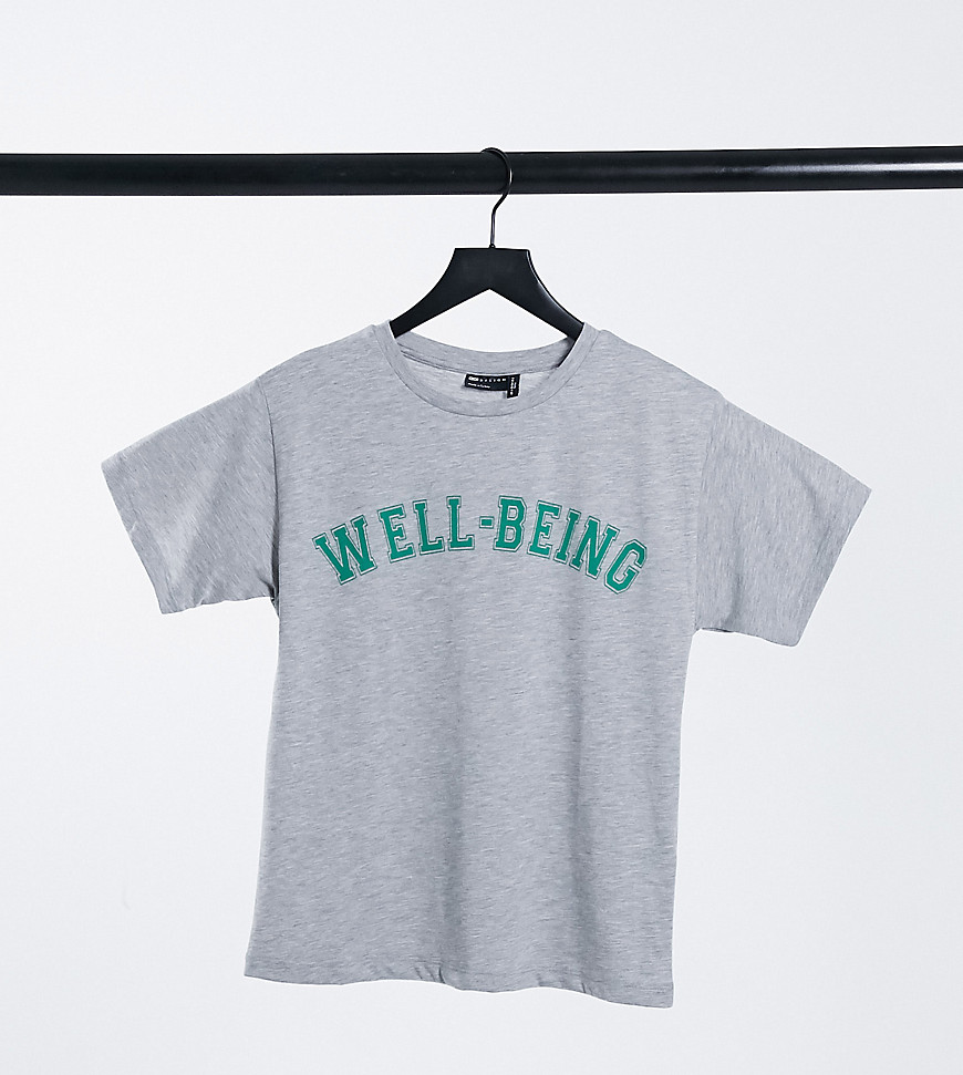 ASOS DESIGN Petite t-shirt with well-being varsity graphic in gray marl-Grey