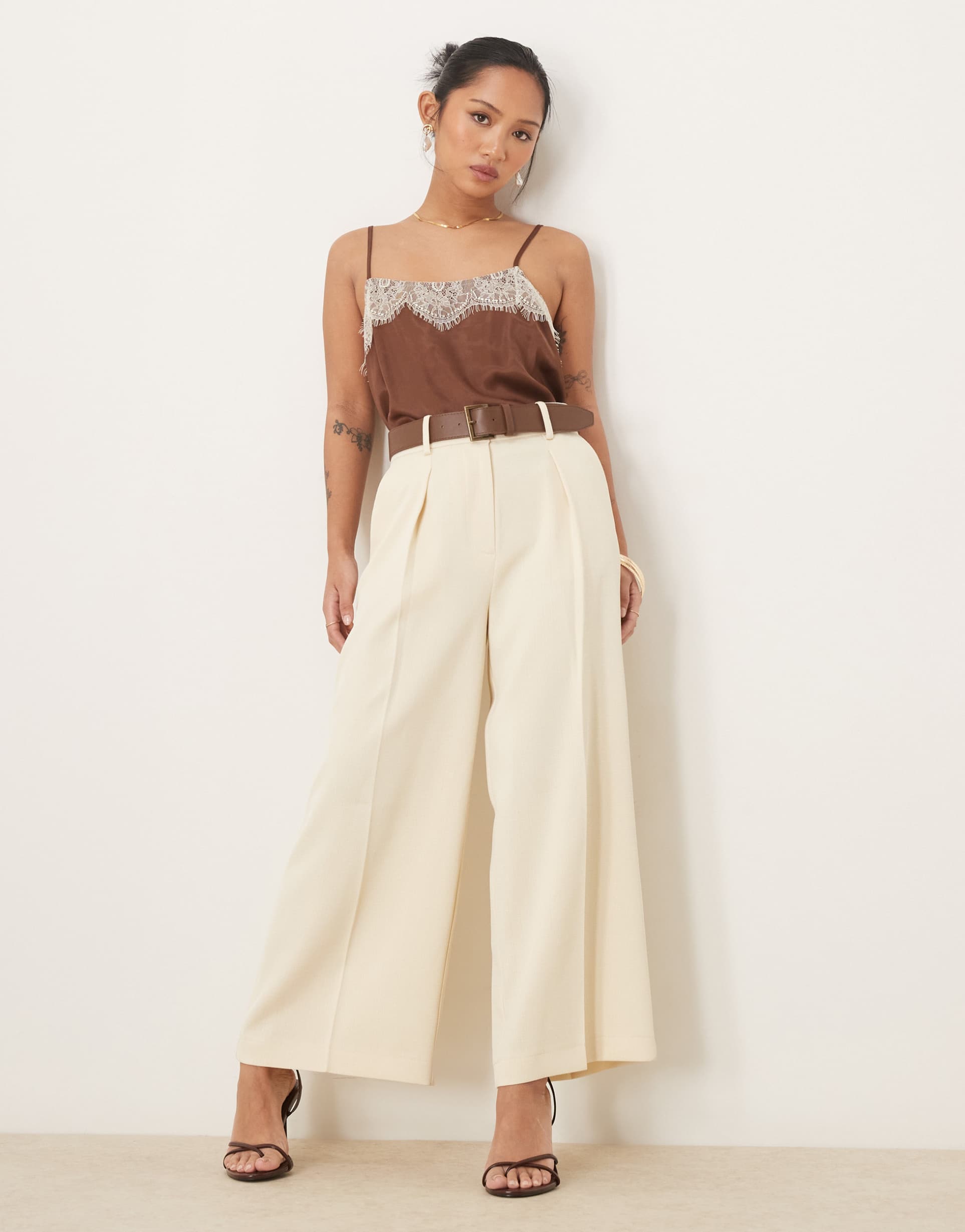 asos design petite tailored ankle grazer pants with pu belt in cream
