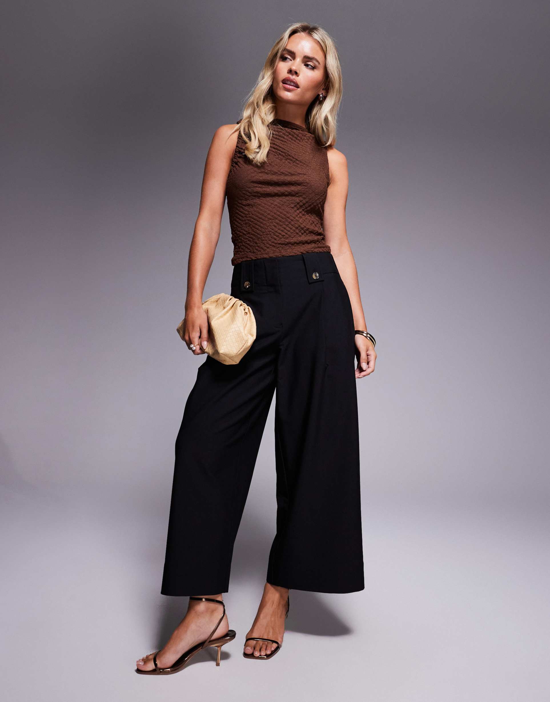 asos design petite tailored ankle grazer pants with tab waist detail in black