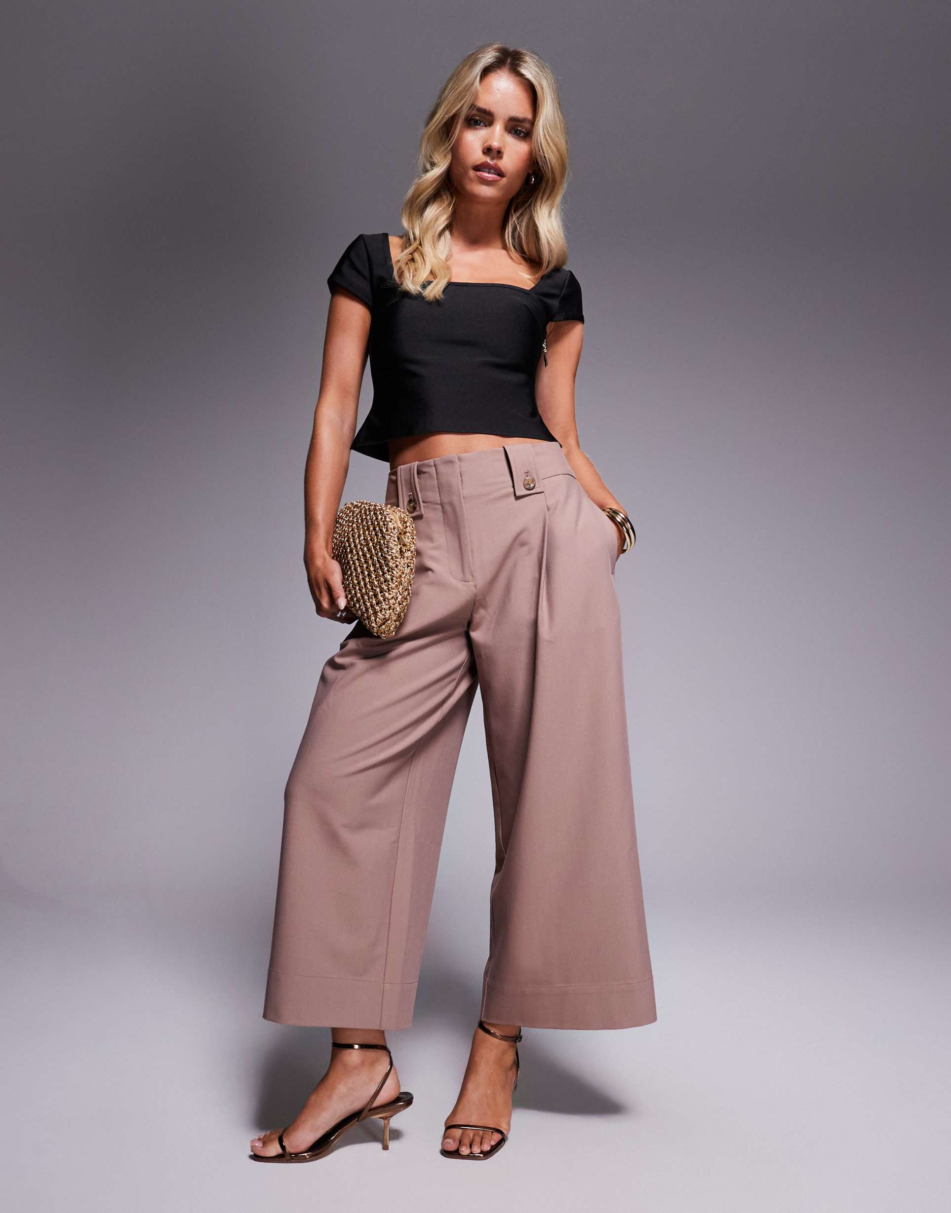 asos design petite tailored ankle grazer pants with tab waist detail in sesame