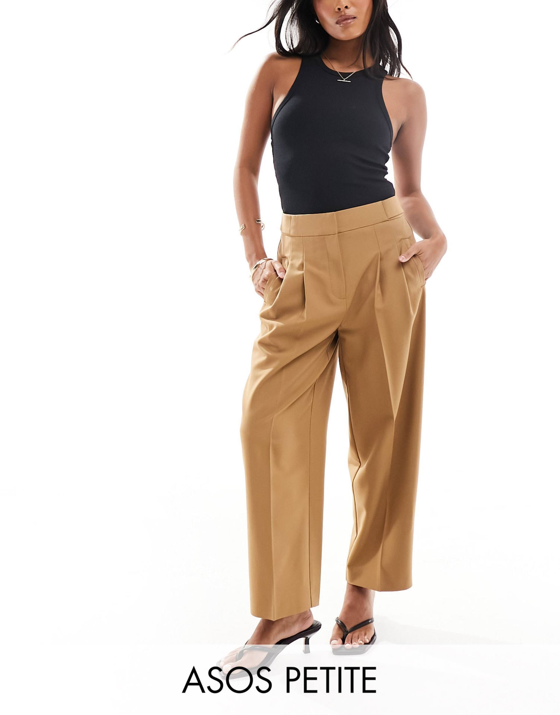 asos design petite tailored barrel leg pants in brown