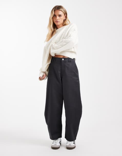 ASOS DESIGN Petite tailored cotton sateen barrel leg pants in navy - view 1