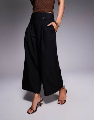 Asos Design Petite Tailored Cropped Pants With Tab Waist Detail In Black