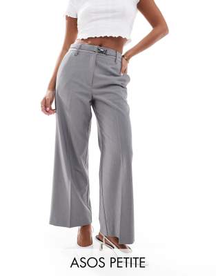 ASOS DESIGN Petite tailored cropped wide leg trousers with buckle detail in grey