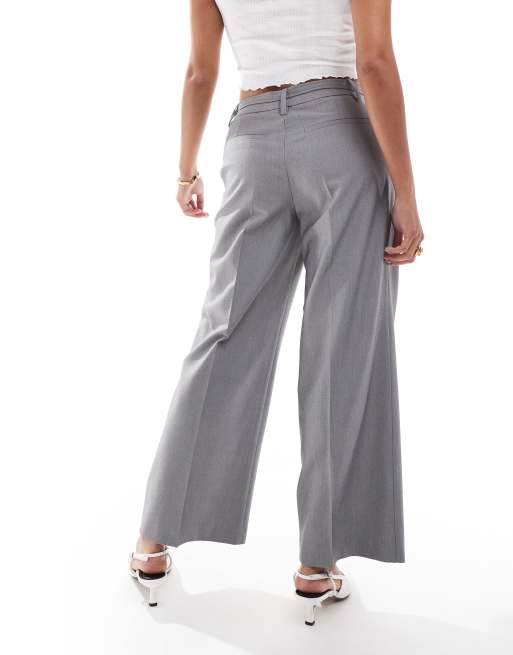 ASOS DESIGN Petite tailored cropped wide leg trousers with buckle detail in grey ASOS