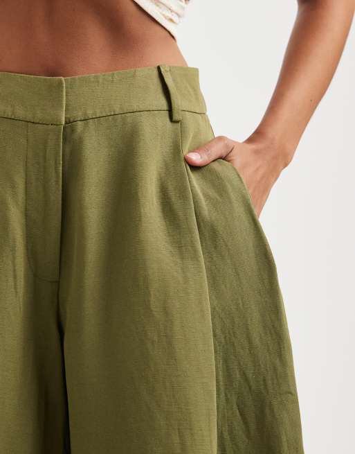 ASOS DESIGN Petite tailored culotte pants with linen in khaki , 3 of 5