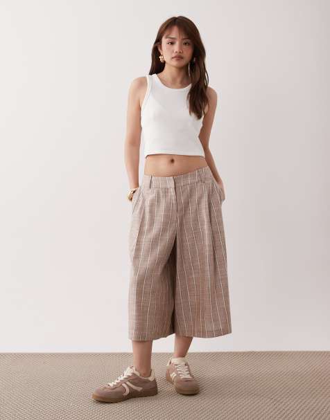 ASOS DESIGN Petite tailored culotte pants with linen in mink stripe - view 1
