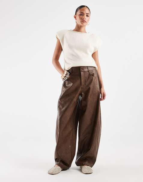 ASOS DESIGN Petite Tailored faux leather barrel pants in brown - view 1