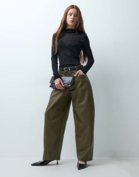 ASOS DESIGN Petite Tailored faux leather barrel pants in khaki - view 1