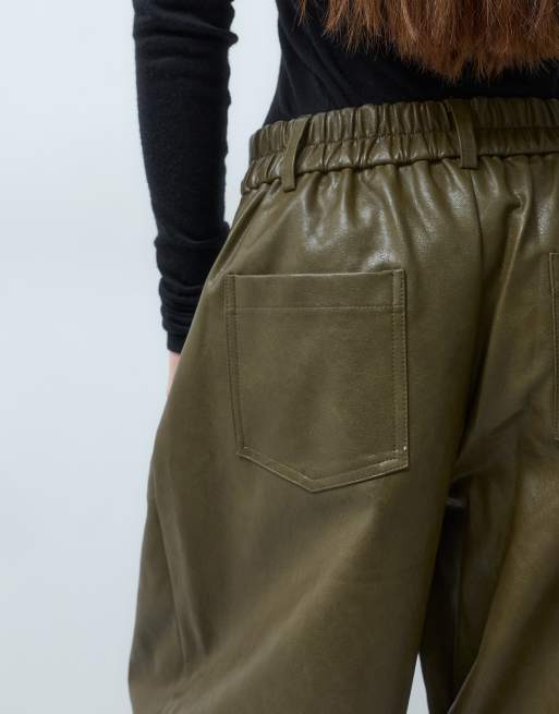 ASOS DESIGN Petite Tailored faux leather barrel trousers in khaki, 4 of 5