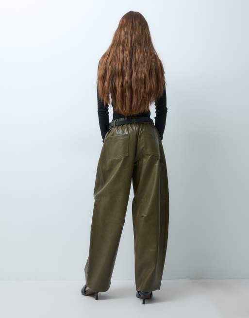 ASOS DESIGN Petite Tailored faux leather barrel trousers in khaki, 5 of 5