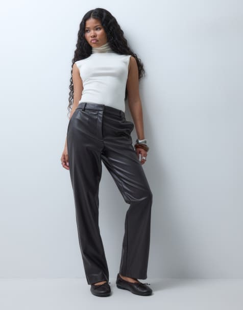 ASOS DESIGN Petite Tailored faux leather straight leg pants in brown - view 1