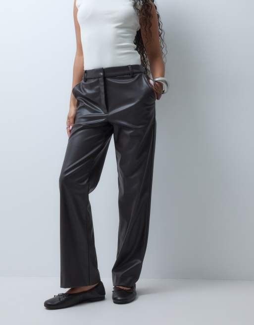 ASOS DESIGN Petite Tailored faux leather straight leg pants in brown, 2 of 5