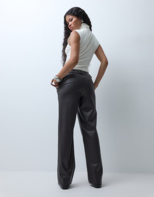 ASOS DESIGN Petite Tailored faux leather straight leg trousers in brown, 5 of 5