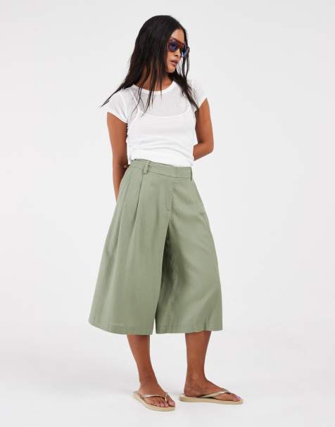 ASOS DESIGN Petite tailored high waist culotte pants with linen in khaki - view 1