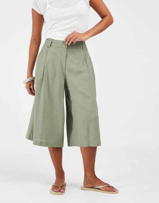 ASOS DESIGN Petite Tailored high waist culotte with linen in khaki, 2 of 5
