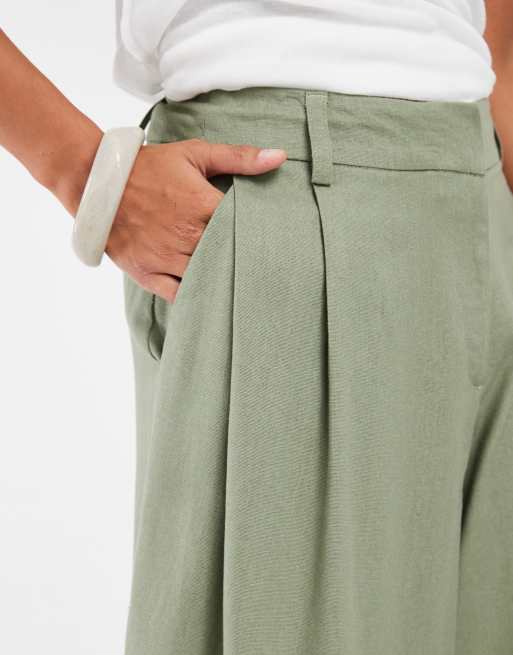ASOS DESIGN Petite Tailored high waist culotte with linen in khaki, 4 of 5