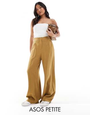 ASOS DESIGN Petite tailored high waist seam detail wide leg linen pants in olive-Green