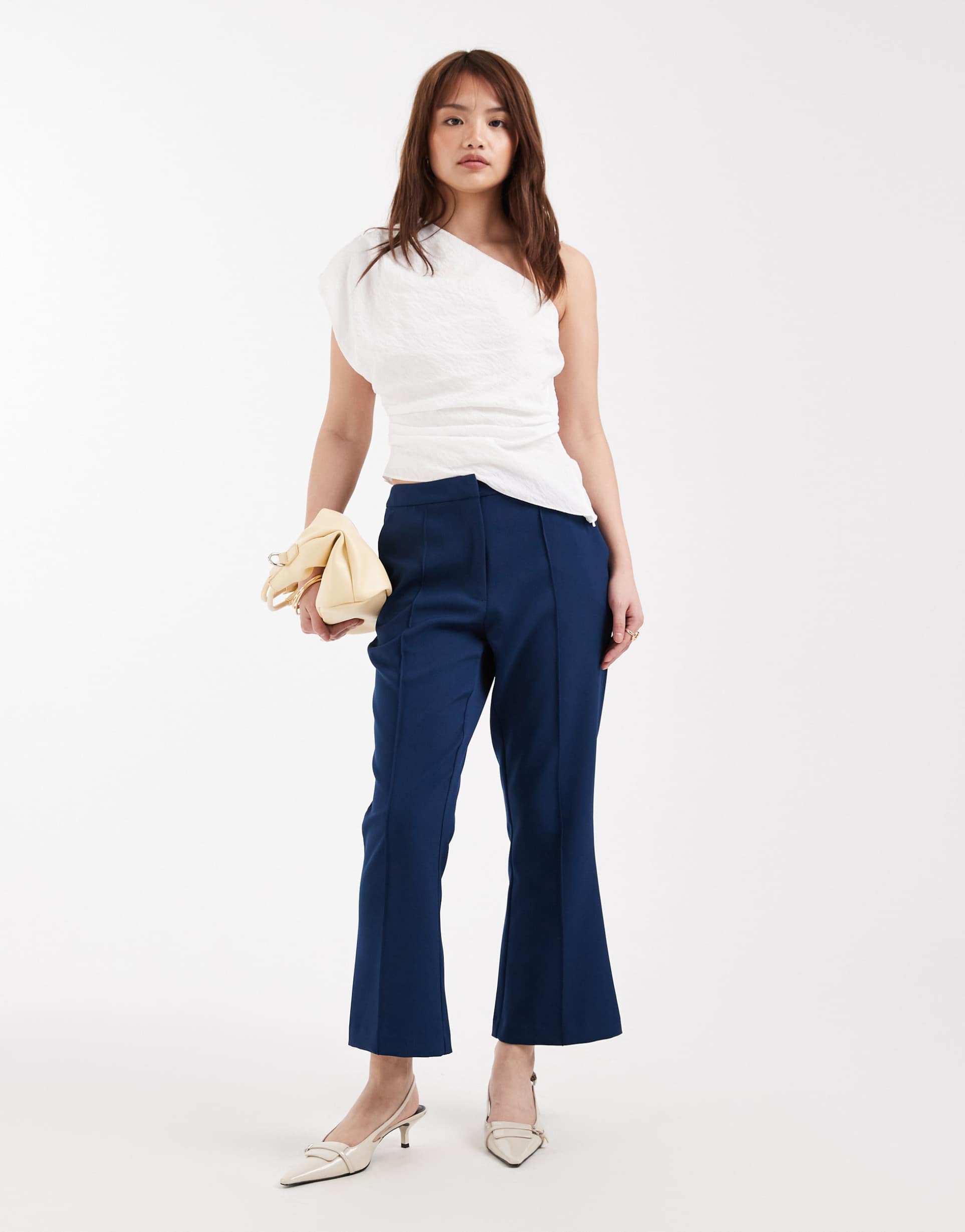 asos design petite tailored kick flare pants in navy