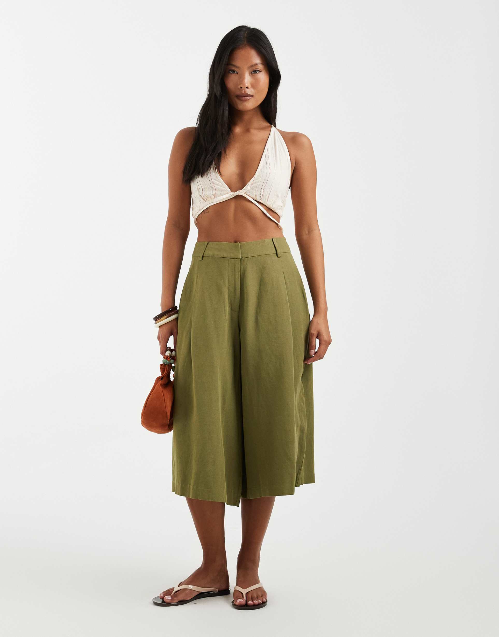 asos design petite tailored linen blend culotte pants in khaki green