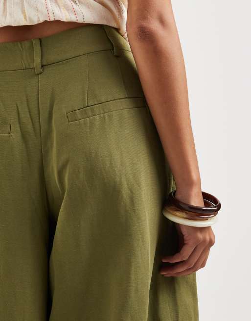 ASOS DESIGN Petite tailored linen blend culotte pants in khaki green , 5 of 5