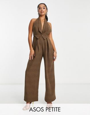 ASOS DESIGN Petite tailored plunge halter jumpsuit in brown check print - ASOS Price Checker