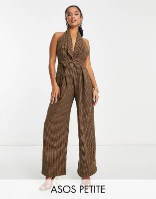 ASOS DESIGN Petite tailored plunge halter jumpsuit in brown plaid print-Multi