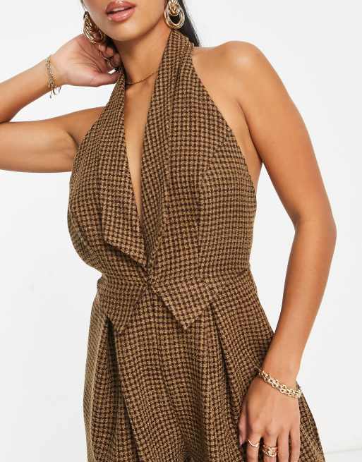 ASOS DESIGN Petite tailored plunge halter jumpsuit in brown plaid print, 2 of 4