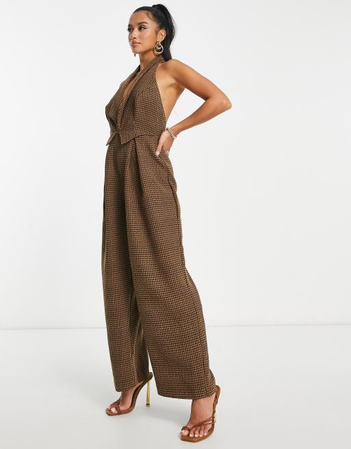 ASOS DESIGN Petite tailored plunge halter jumpsuit in brown plaid print, 3 of 4