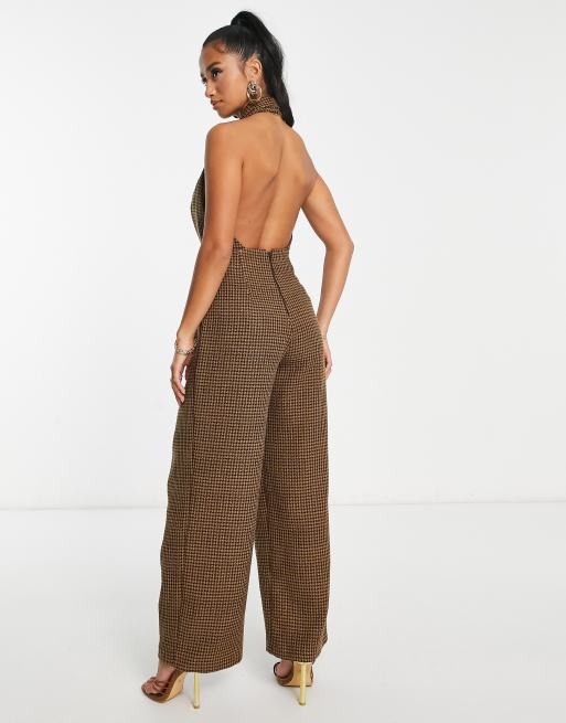ASOS DESIGN Petite tailored plunge halter jumpsuit in brown plaid print, 4 of 4