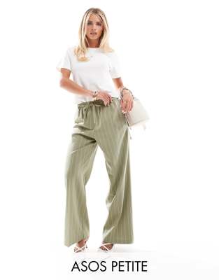 ASOS DESIGN Petite tailored pull on pants in khaki stripe-Green