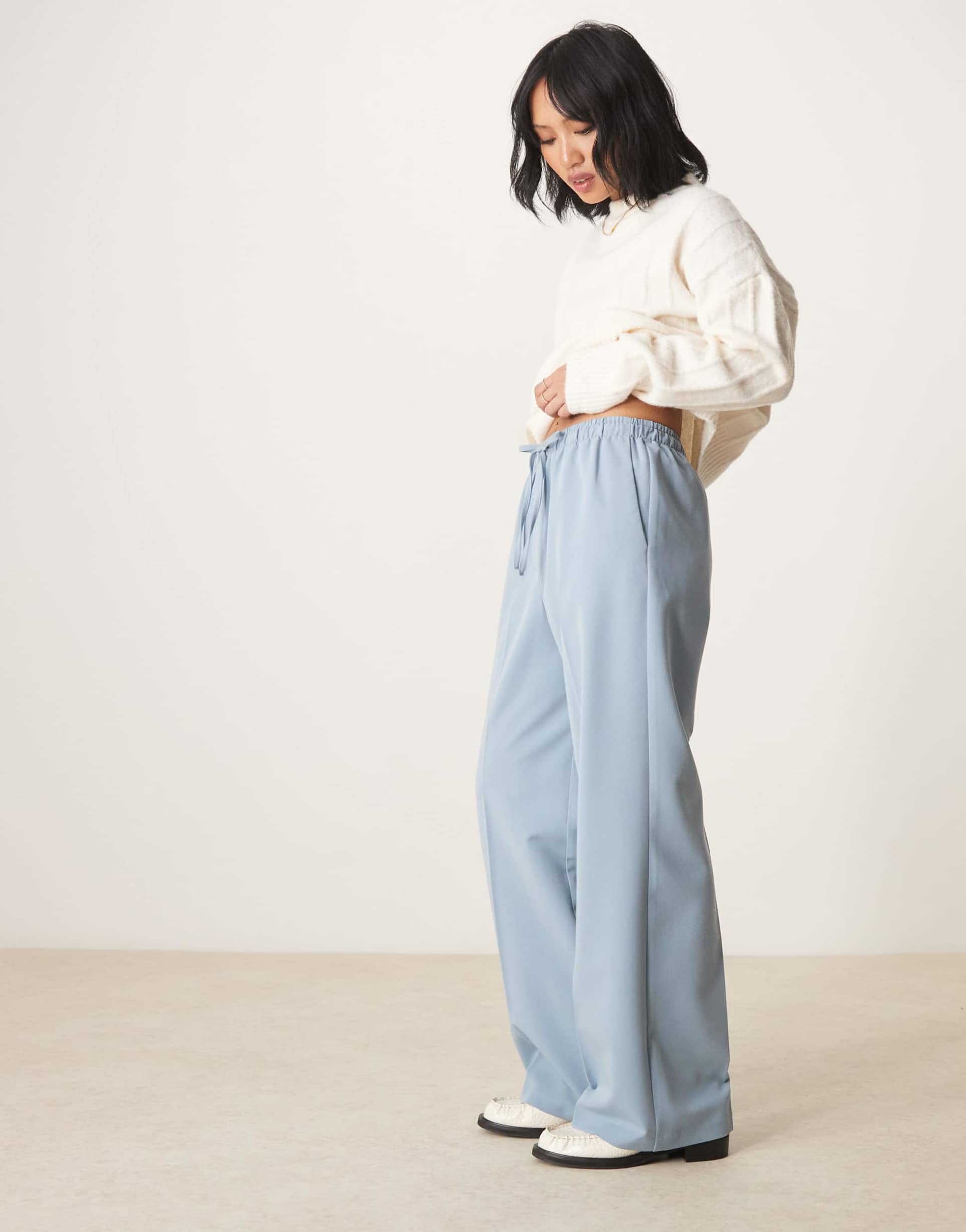 asos design petite tailored pull on pants in light blue