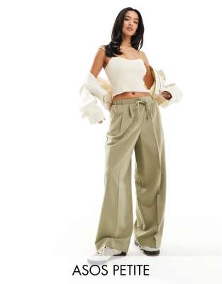 ASOS DESIGN ASOS DESIGN Petite tailored pull on trousers in khaki-Neutral