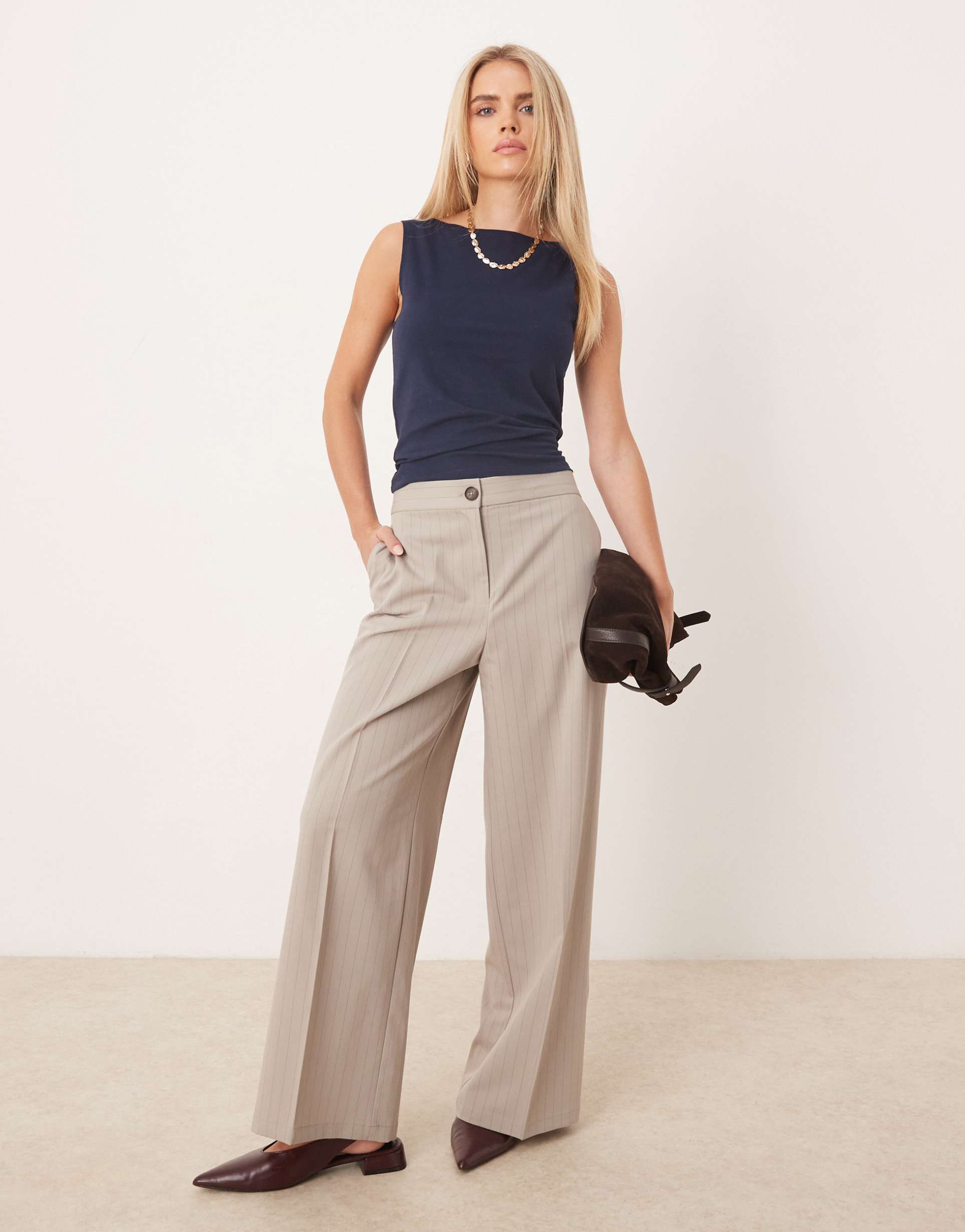 asos design petite tailored relaxed pants in mink stripe