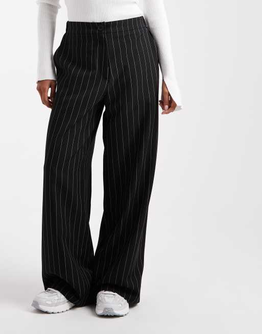 ASOS DESIGN Petite tailored relaxed straight leg pants in black pinstripe