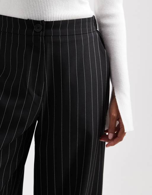 ASOS DESIGN Petite tailored relaxed straight leg pants in black pinstripe