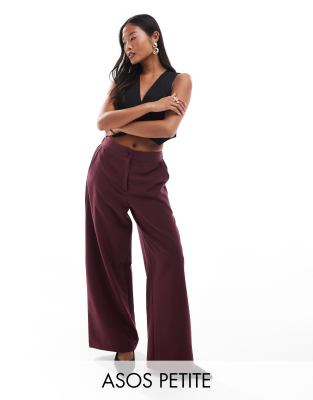 ASOS DESIGN Petite tailored relaxed straight leg pants in burgundy-Purple