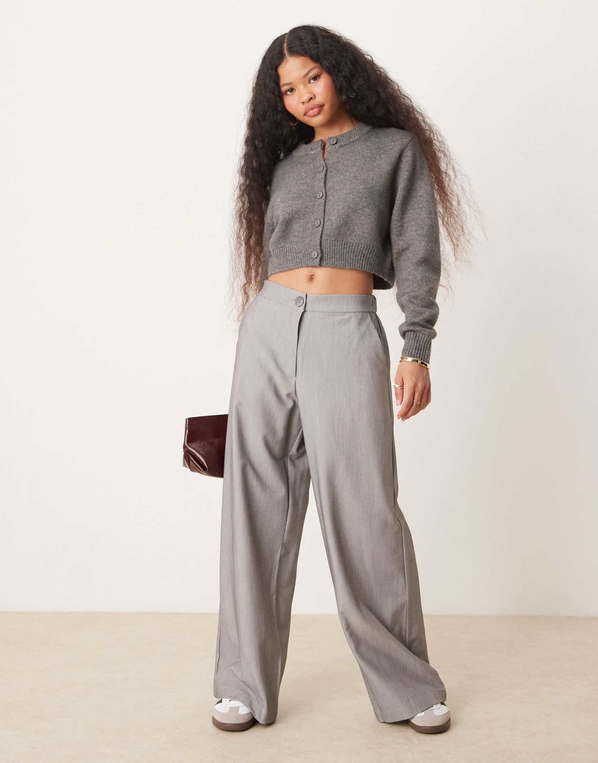 asos design petite tailored relaxed straight leg pants in gray