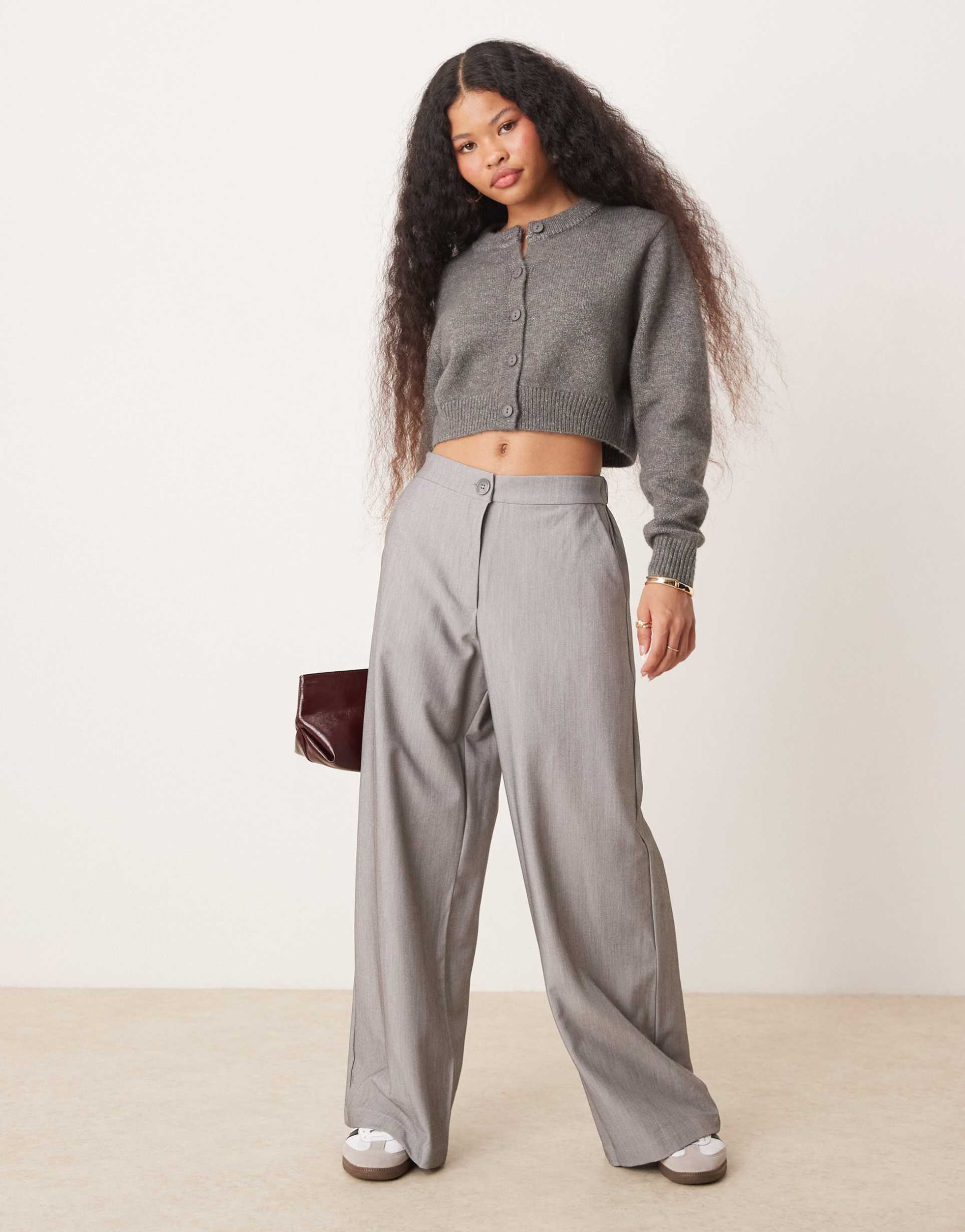 asos design petite tailored relaxed straight leg pants in gray
