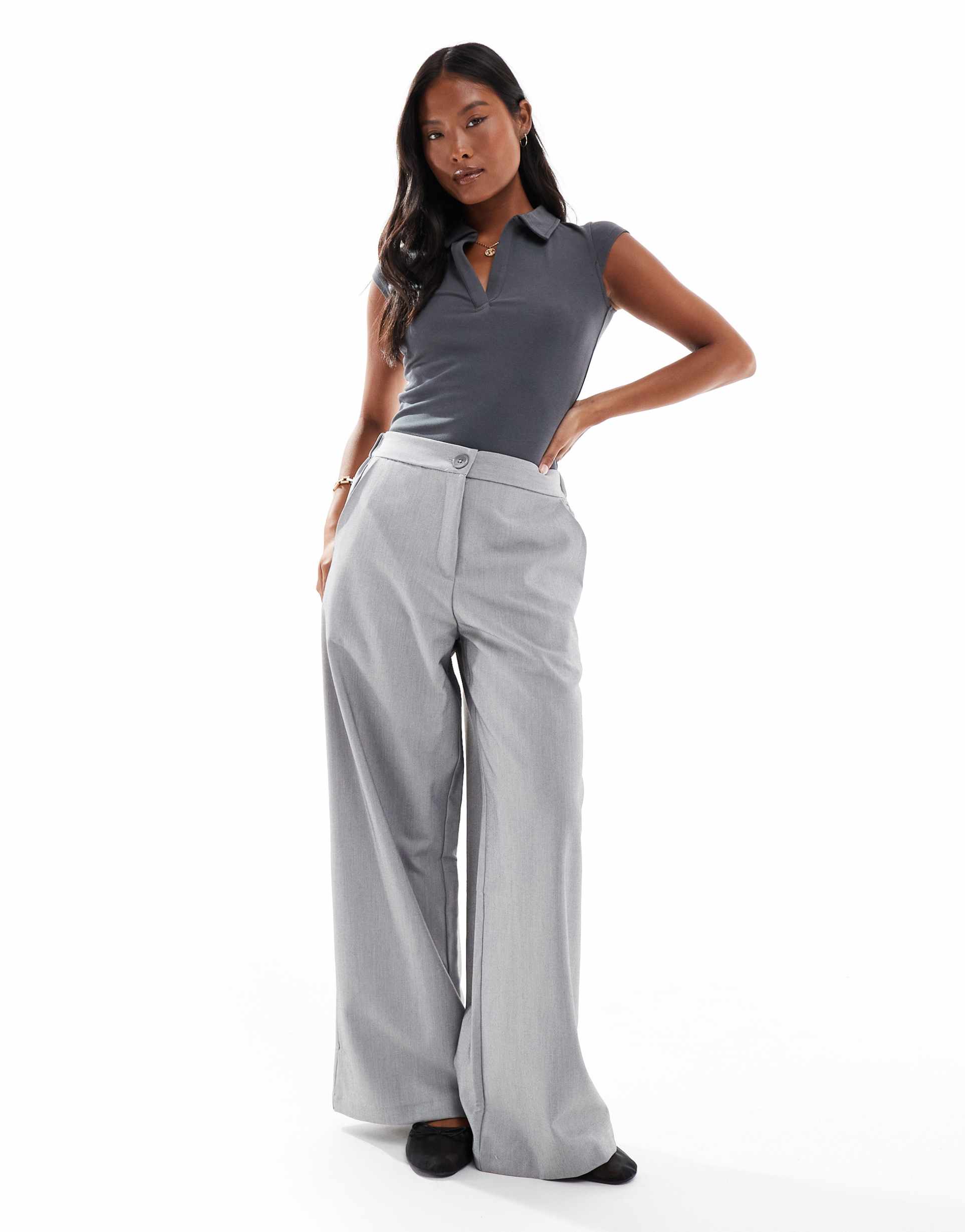 asos design petite tailored relaxed straight leg pants in gray