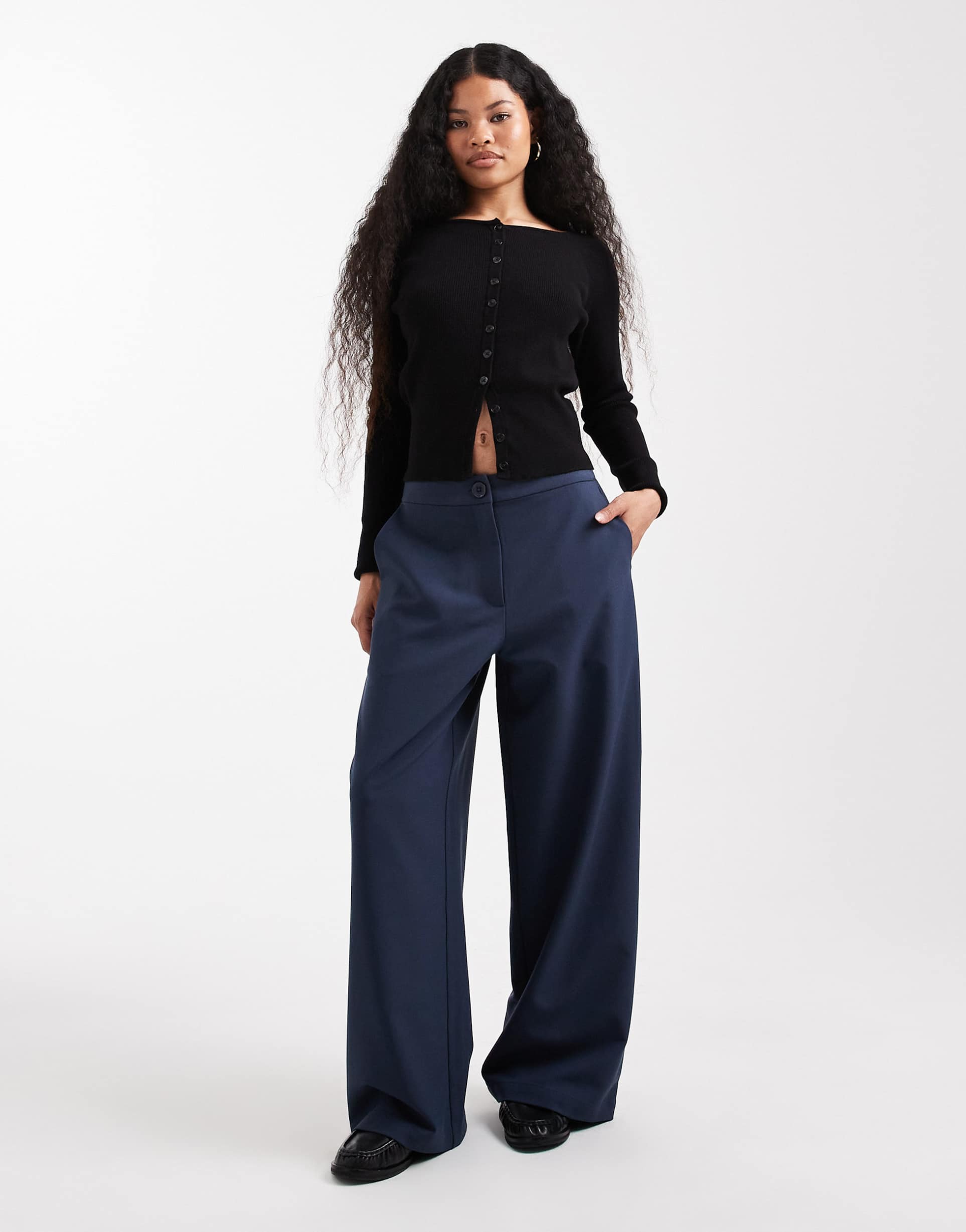 asos design petite tailored relaxed straight leg pants in navy