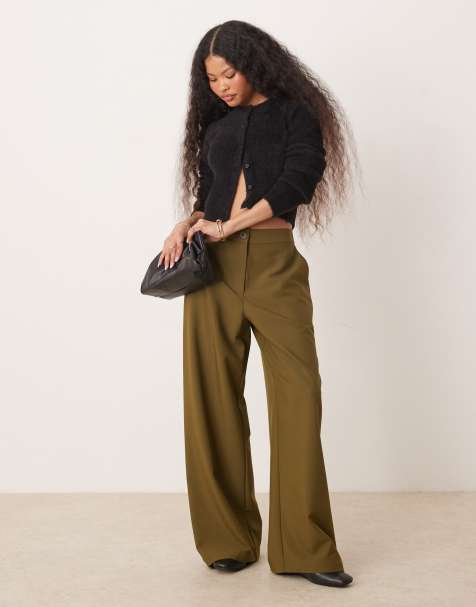ASOS DESIGN Petite tailored relaxed straight leg trousers in olive - view 1