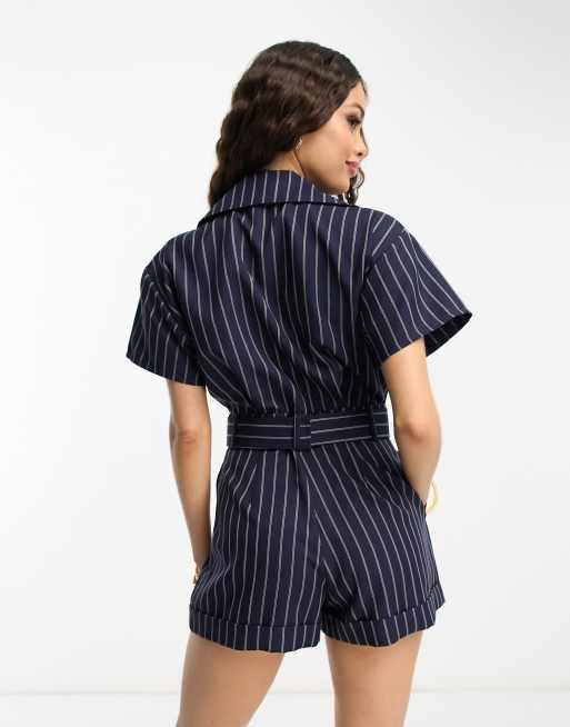 ASOS DESIGN Petite tailored short sleeve belted playsuit in pinstripe