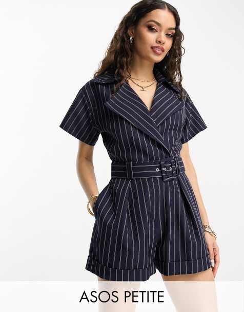 ASOS DESIGN Petite tailored short sleeve belted romper in pinstripe - view 1