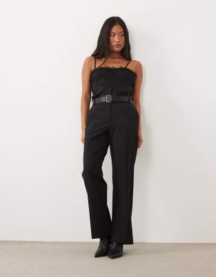 Asos Design Petite Tailored Slim Straight Belted Trousers In Black