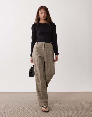 tailored slim straight leg pants in brown plaid