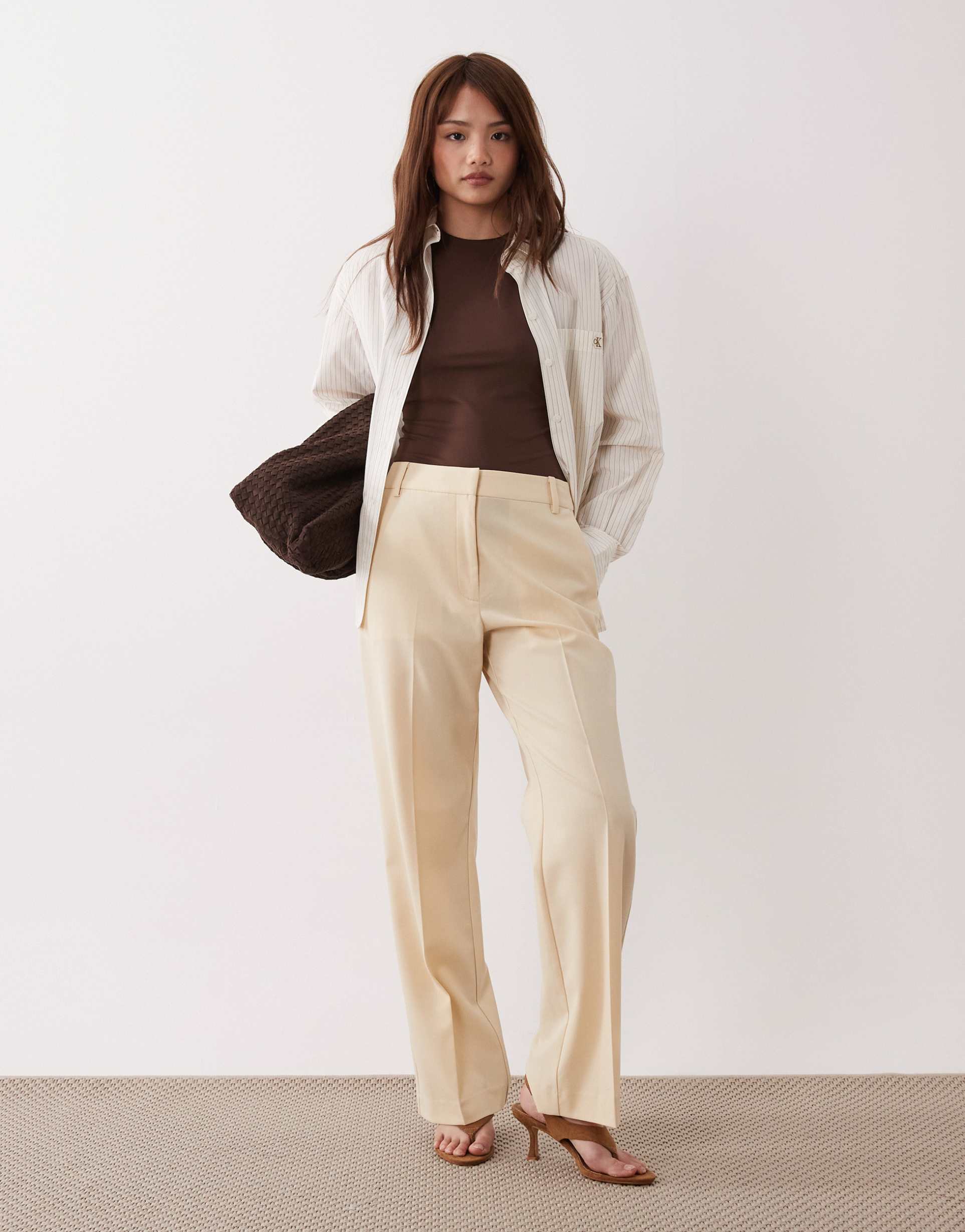 asos design petite tailored slim straight leg pants in buttermilk