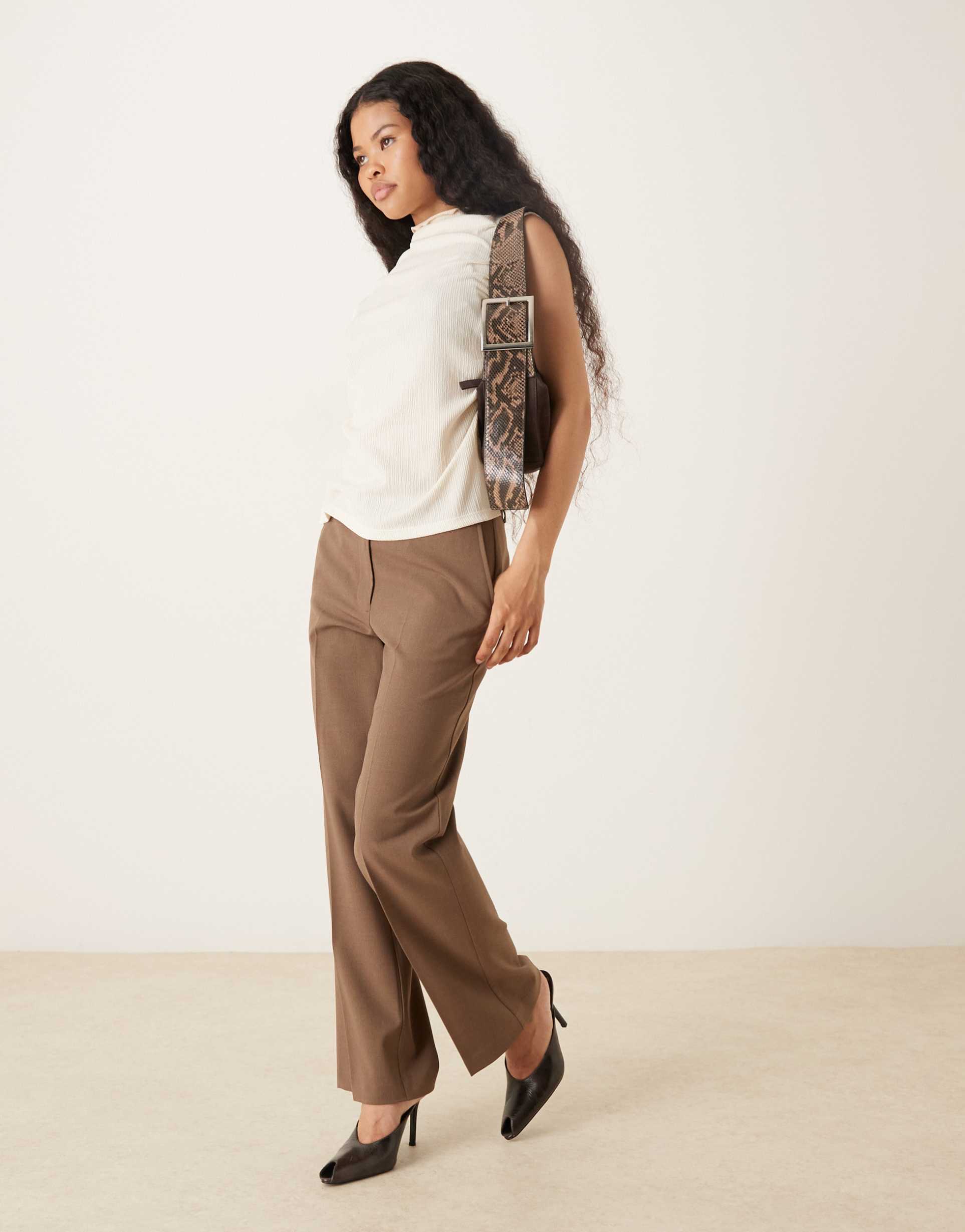 asos design petite tailored slim straight leg pants in dark taupe